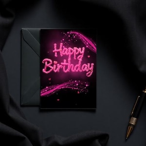 Biglietto d'Auguri Digitale 'Happy Birthday' Rosa con Glitter e Cuori - Design 3D per Compleanno - Download Immediato PDF A5/A6