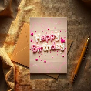 Biglietto di auguri digitale "Happy Birthday" rosa – Stile caramella kawaii – Compleanno scaricabile istantaneamente