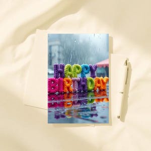 Biglietto d’Auguri Digitale Happy Birthday Multicolore – Pioggia e Riflessi – PDF Stampabile A5 A6 – Stile Crochet 3D – Download Istantaneo