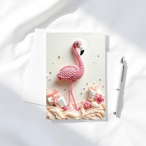 ピンクフラミンゴのデジタルグリーティングカード – 誕生日または記念日 – 印刷可能なPDF A5 A6 – 3Dクロシェスタイル – すぐにダウンロード