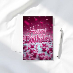 Gelukkige verjaardag roze digitale wenskaart - Verjaardag - Harten en confetti - PDF A5 A6 - 3D haakstijl - Direct downloaden