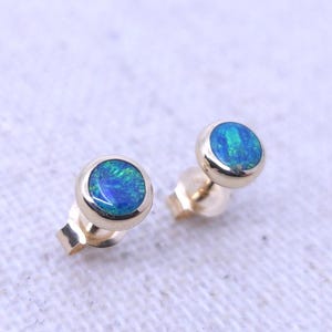 Genuine 14K Gold 4mm Doublet Opal Earring Studs - Australian Natural Stone - Blue/Green - AAA Quality - October Birth Stone Perfect Gift