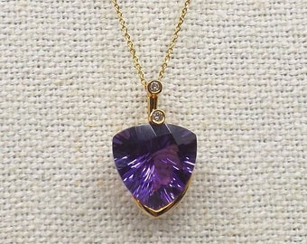 13mm Amethyst Gold Pendant: 14k Solid Gold Pendant with 13mm 6.7ct Trillion Checkerboard Concave Cut African Amethyst & 0.04ct Round Diamond