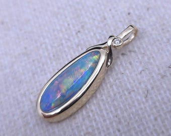14K Solid Gold Doublet Opal Diamond Pendant, Blue Green Australian Opal Jewelry