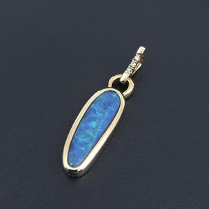 14k Gold Pendant w/ Australian Opal: 14k Solid Gold Pendant with Australian Natural Doublet Opal & Natural Diamond, Unique 7.0mm x 28.0mm