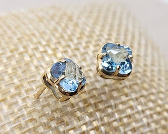 14k Solid Gold Earring Studs with 7mm Four Leaf Clover Shape Checkerboard Blue Topaz, Anniversary Birthday Gift For Her December Birthstone