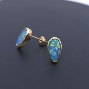 14k Gold Australian Opal Stud Earrings: Free Form Doublet, October Birthstone
