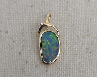 14K Gold Australian Doublet Opal Diamond Pendant, Blue Green Gemstone Jewelry