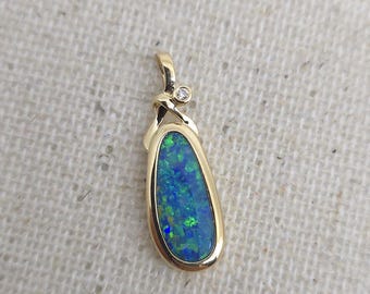 14k Gold Australia Opal Pendant: Natural Doublet, Diamond Accent