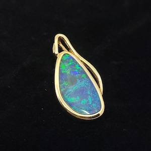 Gold Pendant w/ Australian Opal: 14k Solid Gold Pendant with 9x17.5mm Free Form Australian Natural Doublet Opal, Unique Rare Boulder October