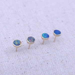 Genuine 14K Gold 5mm Doublet Opal Earring Studs - Australian Natural Stone - Blue/Green - AAA Quality - October Birth Stone Perfect Gift