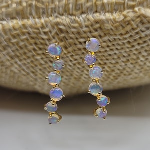 18K Solid Gold White Australian Opal Earrings | Natural Opal Studs | Minimal Gold Opal Jewelry | October Birthstone