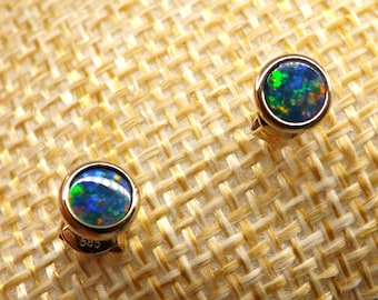 Gold Opal Studs: 14k Solid Yellow Gold 4mm Round Bezel-Set Australian Natural Doublet Boulder Opal Earring Studs, October Birthstone