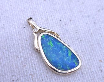 14K Solid Gold Doublet Opal Diamond Pendant, Blue Green Australian Opal Jewelry