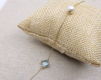 18k Gold Clover Blue Topaz Bracelet – Handmade Pearl Accent, 7 Inch