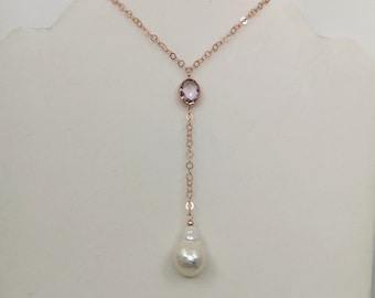 Edison Pearl Necklace: 925 Sterling Silver Rose Gold Plated Necklace with 10x14mm Pink Amethyst & 14x22mm Baroque Cultural Edison Pearl