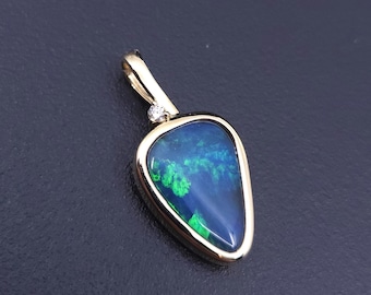 14K Gold Australian Doublet Opal Diamond Pendant, Blue Green Gemstone Necklace