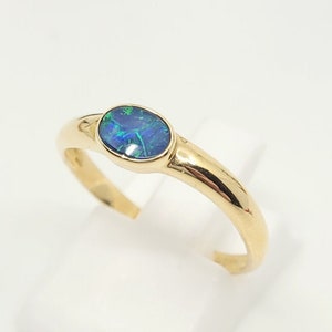 Gold Ring w/ Australian Opal: 14k Solid Gold Ring with 4x6mm Oval Australia Natural Doublet Opal, Unique Rare Boulder October Birthstone
