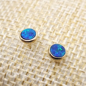 Genuine 14K Gold 4mm Doublet Opal Earring Studs - Australian Natural Stone - Blue/Green or Orange/Blue/Green - AAA Quality