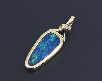14k Gold Australia Doublet Opal Pendant: Natural Diamond Accent