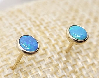 14k Solid Gold with Australia Doublet Boulder Opal Earring Studs, 4mm Opal, Milky Natural Handmade Jewelry Gift For Her