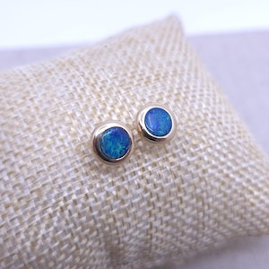 Genuine 14K Gold 6mm Doublet Opal Earring Studs - Australian Natural Stone - Blue/Green - AAA Quality - October Birth Stone Perfect Gift