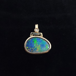 14k Solid Yellow Gold Australian Boulder Opal Pendant with Natural Diamond – Freeform Doublet Opal – October Birthstone Jewelry, 16.1x18.3mm