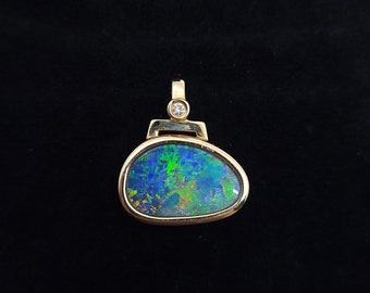 14k Gold Australian Boulder Opal Pendant – Natural Diamond Accent