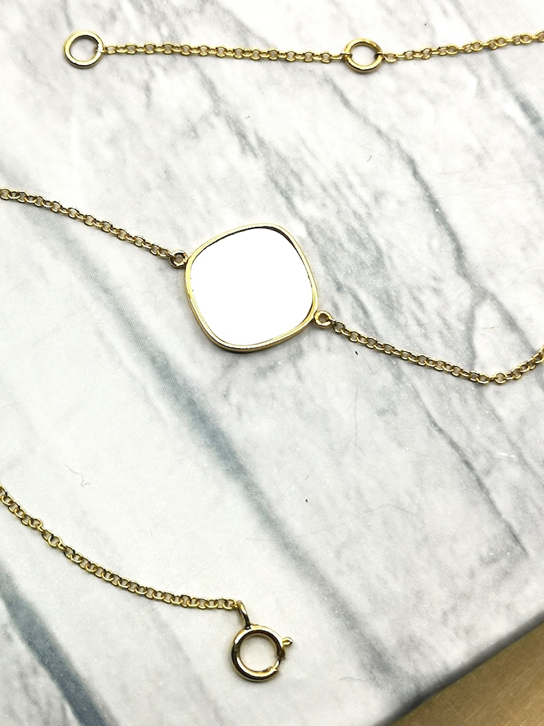 18k Solid Gold 10mm Cushion Shape Flat Cut Mother of Pearl Bracelet Adjustable Length 7-8 Inch Anniversary Love Birthday Gift Handmade