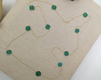 18k Solid Gold 32&quot; Necklace with 10mm Cushion Shape Flat Cut Malachite, Anniversary Love Birthday Handmade Wedding Party Bridal Shower Gift