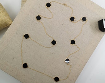 18K Solid Yellow Gold Necklace with Black Onyx – 10mm Cushion Cut Stones – 32 Inch Long Chain | Real Gold Minimalist Jewelry