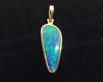 Gold Pendant w/ Australian Opal: 14k Solid Gold Pendant with Free Form 35.0x11.1mm Australian Natural Doublet Opal, Unique Boulder October