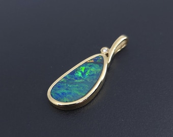 14k Gold Australia Opal Pendant: Natural Doublet, Diamond Accent