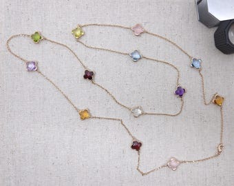 18k Pure Rose Gold 32&quot; Necklace with 13pcs 9mm Flower Double Side Checkerboard Multi Color Semi Precious Stone, Anniversary Love Birthday