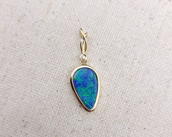 14K Yellow Gold Doublet Opal Diamond Pendant, Blue Green Australian Opal Necklace