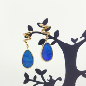 14k Solid Gold Dangling Earring with Free Form Australian Natural Doublet Boulder Opal, Anniversary Birthday Gift Handmade