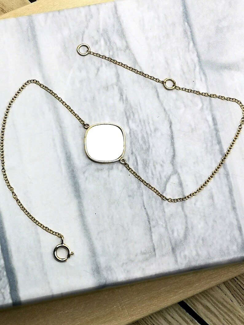 18k Solid Gold 10mm Cushion Shape Flat Cut Mother of Pearl Bracelet Adjustable Length 7-8 Inch Anniversary Love Birthday Gift Handmade