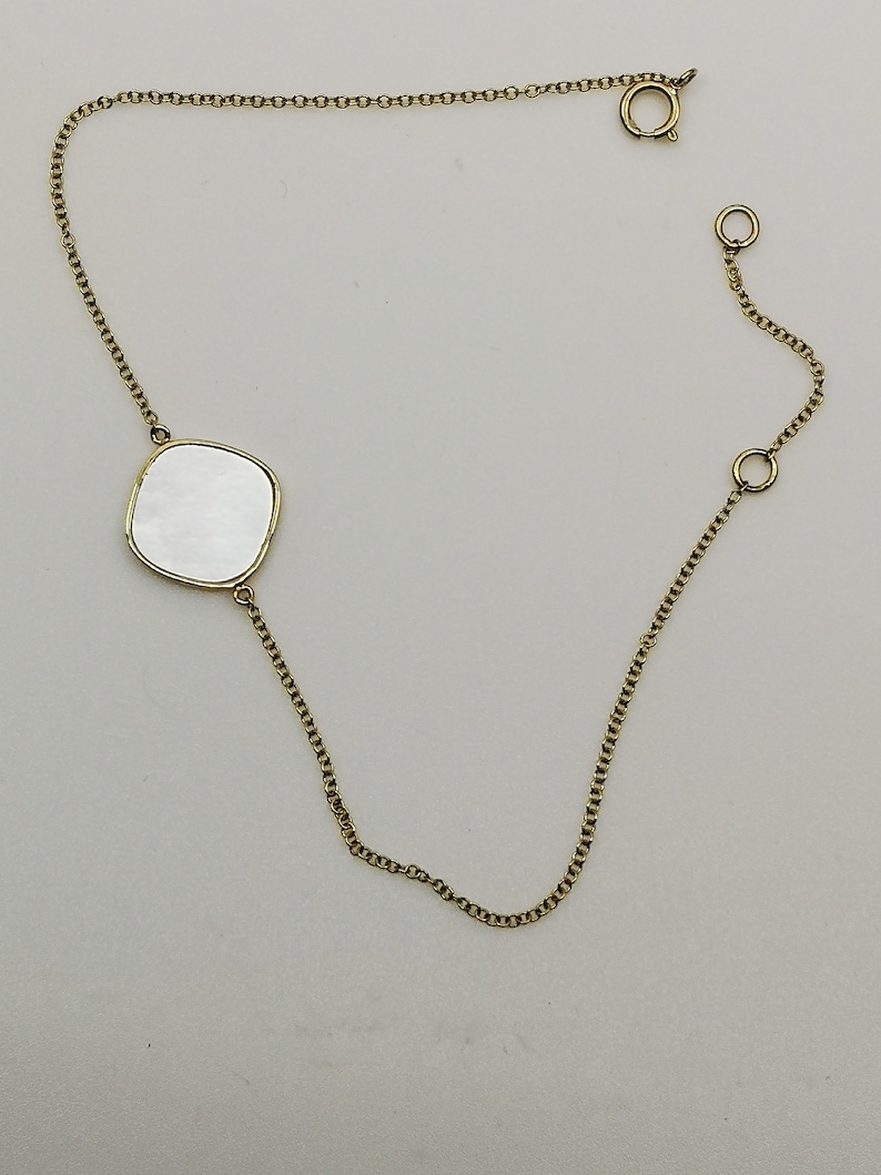 18k Solid Gold 10mm Cushion Shape Flat Cut Mother of Pearl Bracelet Adjustable Length 7-8 Inch Anniversary Love Birthday Gift Handmade