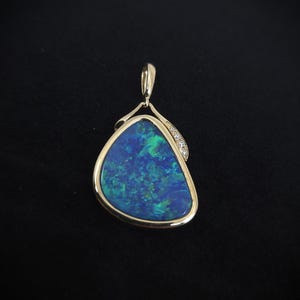 14k Gold Australian Opal Pendant: Diamond Accent, Natural Doublet Opal