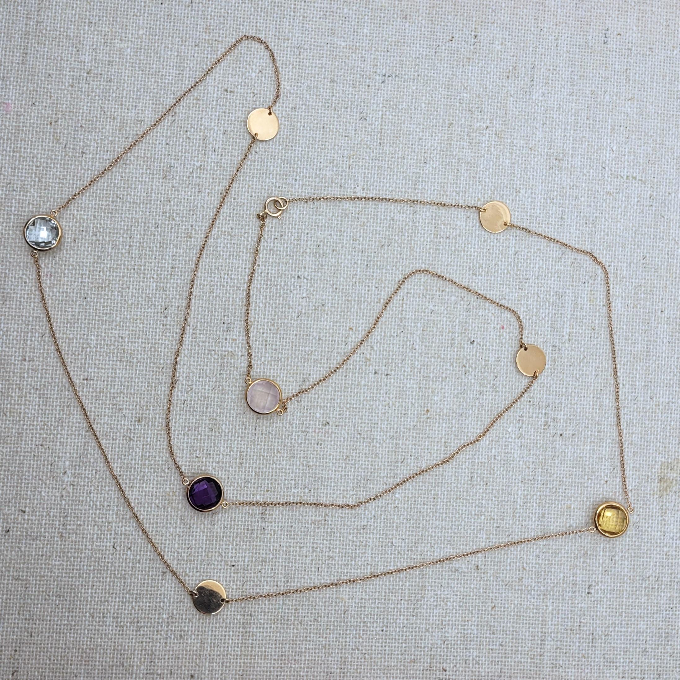 18K Solid Rose Gold Necklace with 8mm Semi-Precious Stones – Amethyst, Citrine, Blue Topaz & Rose Quartz – 32in Bezel-Set Chain