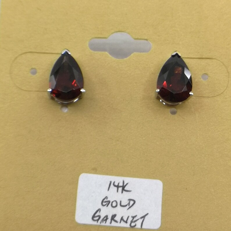 14k Solid Gold Stud Earring with 7x10mm Pear Shape Faceted Natural Garnet Anniversary Love Birthday Gift Handmade Gemstone