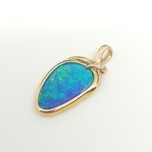 Gold Pendant w/ Australian Opal: 14k Solid Gold Pendant with 29.8x13.8mm Australian Natural Doublet Opal & Natural Diamond, Unique Boulder