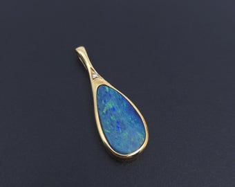 14k Gold Australia Opal Pendant: Natural Doublet, Diamond Accent