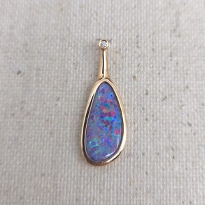 14k Solid Rose Gold Pendant with Australian Natural Doublet Opal & Natural Diamond, Unique Rare Boulder October Birthstone 11.3x31.3mm