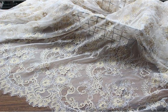 Buy Gold Chantilly Lace Fabric Sell by Yard ,high Quality Eyelash Lace  Fabric Bilateral Eyelash Lace, French Style Wedding Dress Lace Online in  India 