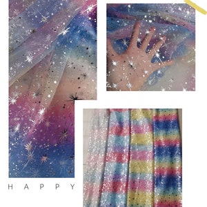 Micro-stretch rainbow gradient tulle fabric/starfish hot silver shiny dress mesh fabric children&#39;s sensory fabric wedding fabric