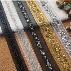 Black pearls on a black ribbon and woven rope tulle and gold pearl beaded lace trim bridal belt, headband, jewelry or costume design