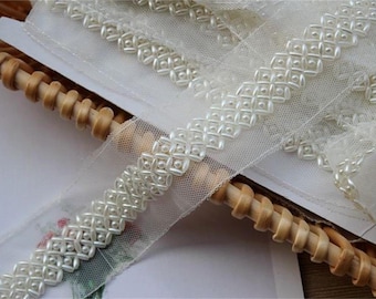 Ivory Pearl Lace Trim, Ivory Beaded Trim for Weddings, Bridal Sash, Headbands, Jewelry, Costume design