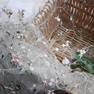 White pink delicate tulle lace fabric 3D floral embroidery soft mesh bride dress lace fabric