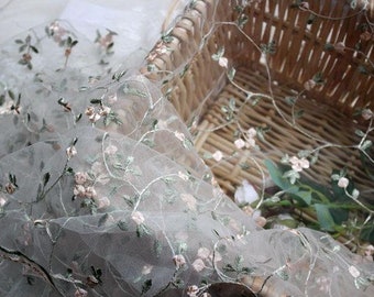White pink delicate tulle lace fabric 3D floral embroidery soft mesh bride dress lace fabric